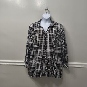 Susan Graver Weekend Plaid Button-Up Shirt Blouse Black White 2X Career Office